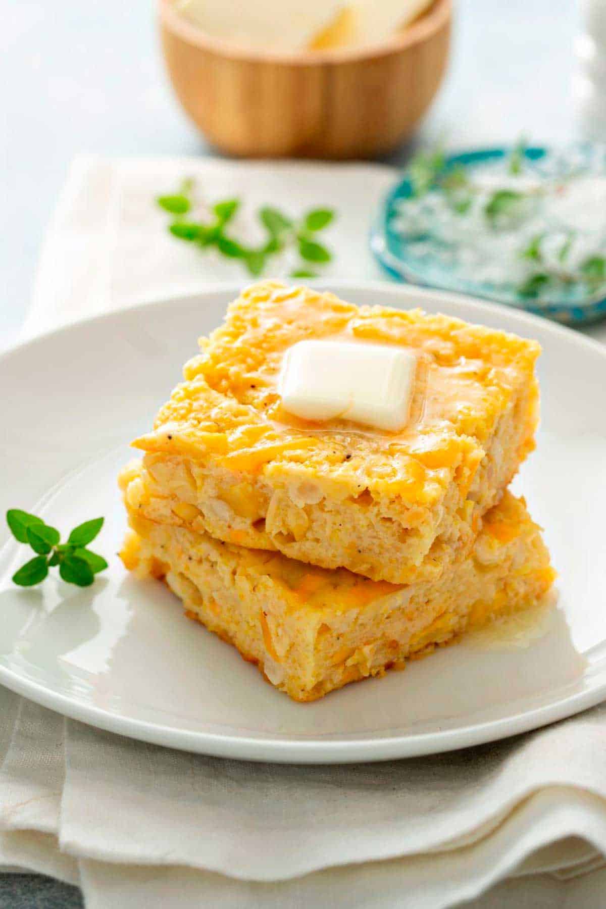 Cornbread on a white plate