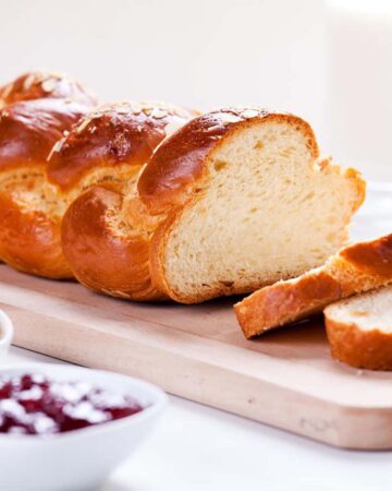 Brioche bread on a wooden cut board