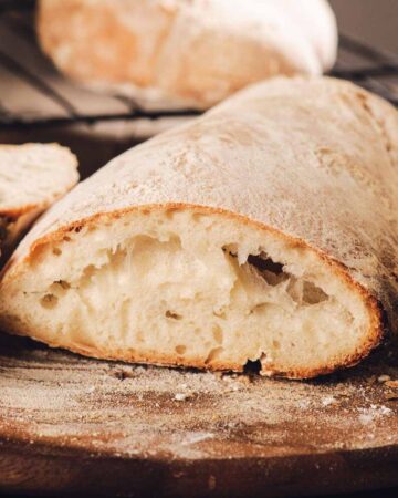 Ciabatta bread on a wooden cut board